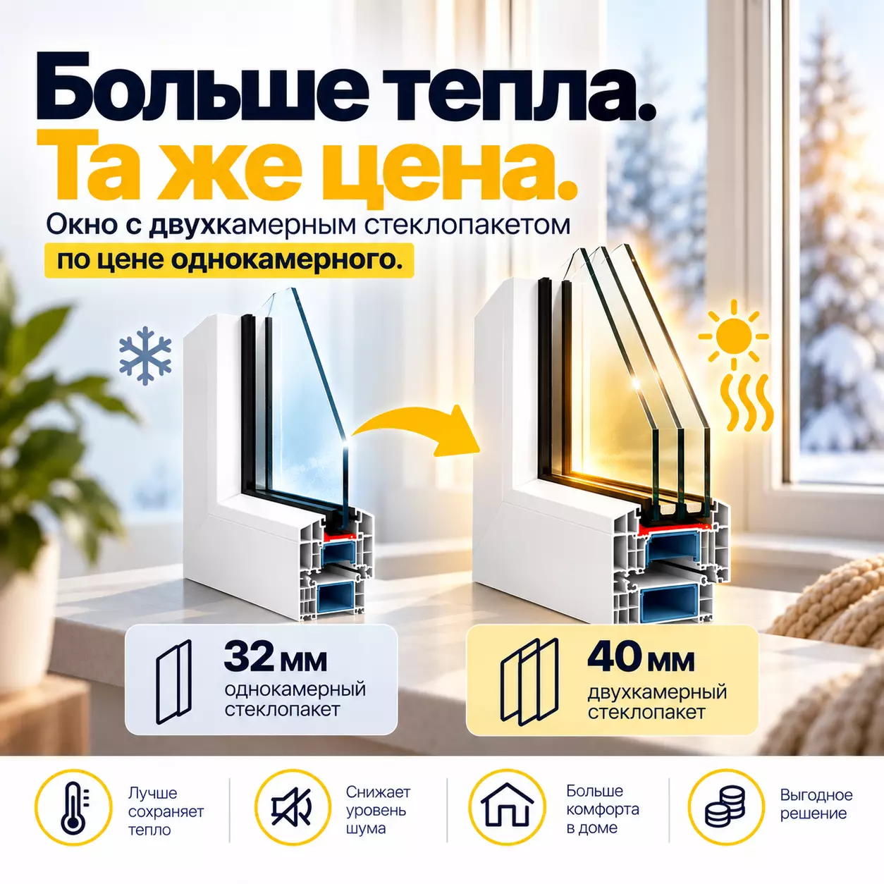 Акция на окна и двери: двухкамерный стеклопакет по цене однокамерного!